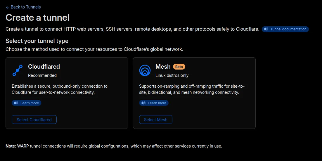 cloudflare dashboard cloudflared tunnel type